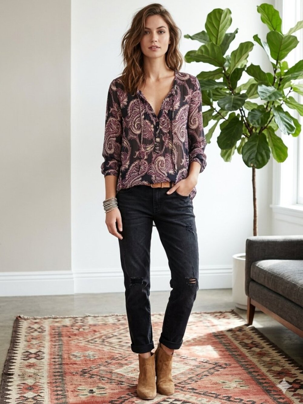 Lucky Brand Women Large Paisley Print Long Sleeve 3/4 Button Front V-Neck Top
